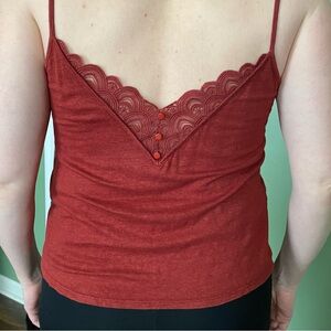 Sezane Cami 100% Linen Lace Button Detail Small Rust Red